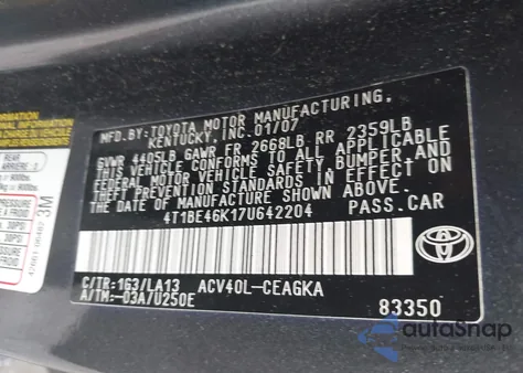 2007 Toyota Camry Xle из США, поврежденный, VIN 4T1BE46K17U642204